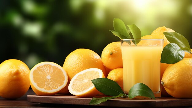 배경에 레몬이 있는 노란색 액체 두꺼운 레몬 주스
