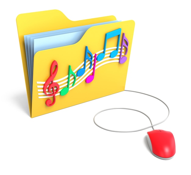 Photo yellow folder with music notes with computer mouse