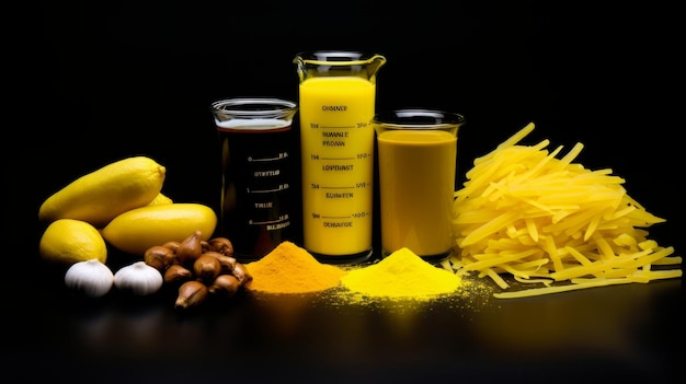 Yellow food on black background Beautiful composition