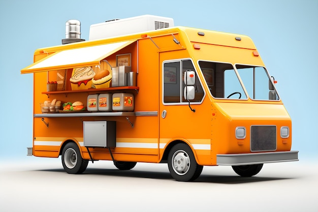 파란색 배경에 고립 된 노란색 식품 트럭 그림 테이크 아웃 음식과 음료 Generative Ai