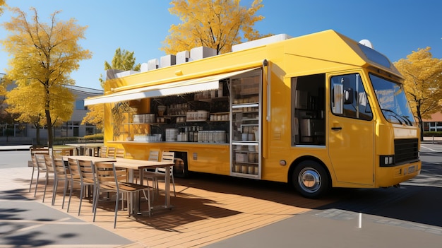 Yellow food truck parked in a city