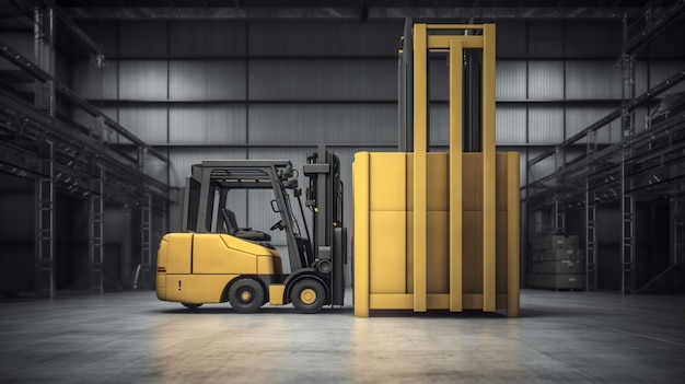 A yellow forklift is in a warehouse with a large stack of boxes.