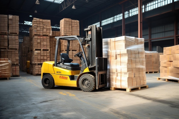 A yellow forklift in a warehouse amongst stacks of pallets Forklift stuffingunstuffing pallets of cargo to container on warehouse leveler dock AI Generated