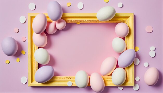 A yellow frame with pastel colored eggs on it