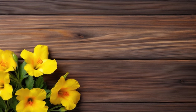 Yellow freesia flowers on wooden background Top view with copy space