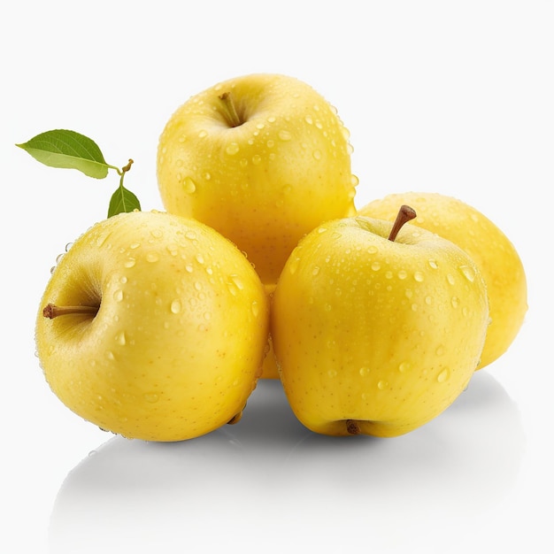 yellow fresh apples with dew on white background