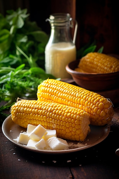 Yellow and fresh boiled corn cobs on a plate