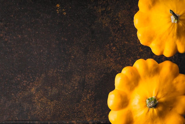 Yellow fresh pattypan squash at the right of the rusty metal background horizontal