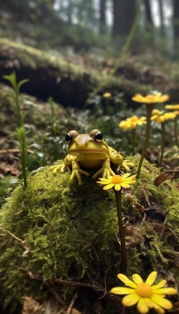 A yellow frog sits on a mossy rock with yellow flowers.