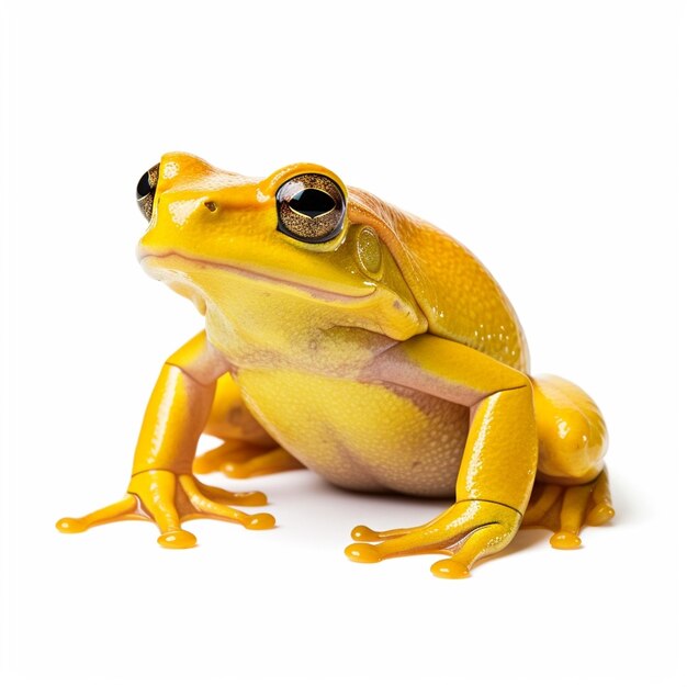 A yellow frog with a black eye sits on a white background.