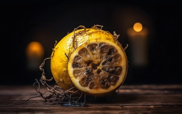 A yellow fruit with a dark background and a candle behind it.