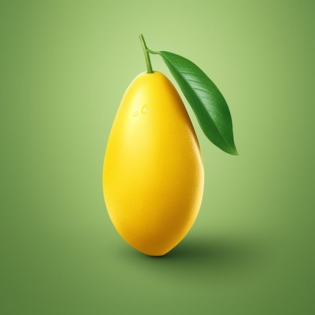 A yellow fruit with a green leaf on it