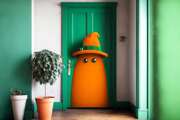 Yellow funny ghost against background of green wooden door with doorway