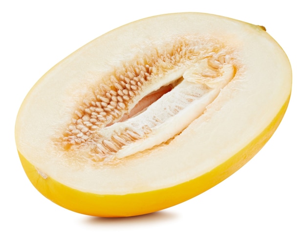 Melone galia giallo isolato su sfondo bianco. metà melone melata.