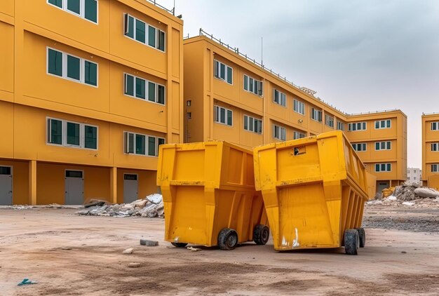 Photo yellow garbage containers near the building