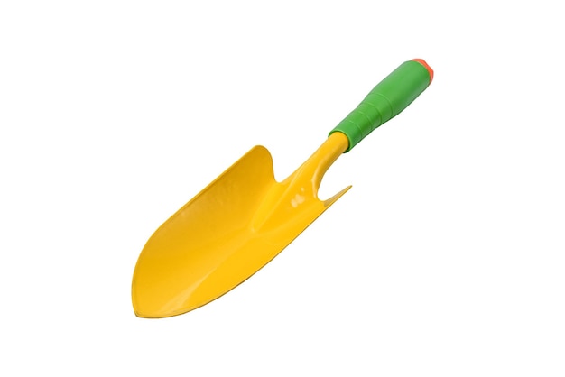 Yellow gardening shovel isolated on white background