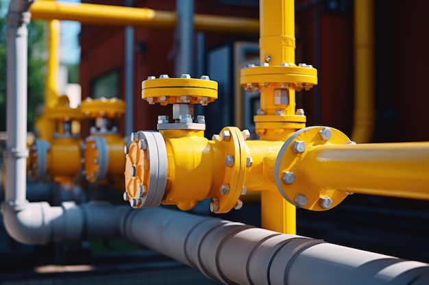 Foto un gasdotto giallo con tubi di attrezzature aggiuntive e una valvola per chiudere l'approvvigionamento di gas