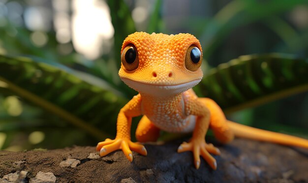 a yellow gecko with a black eye and a red nose