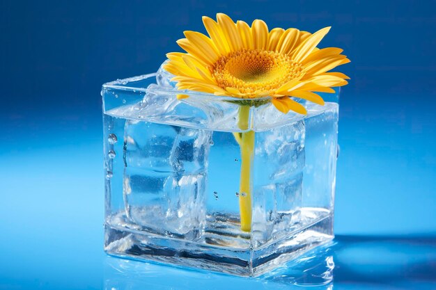 Yellow gerbera in ice cube