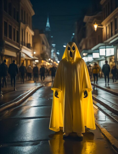 Желтый призрак с белым плащом стоит посреди улицы.