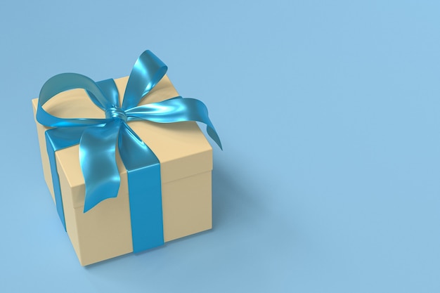 Yellow gift box 3d with blue ribbon and bow