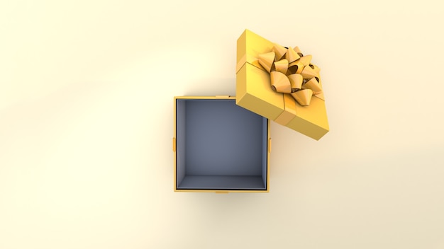 Yellow gift box and green ribbon, top view