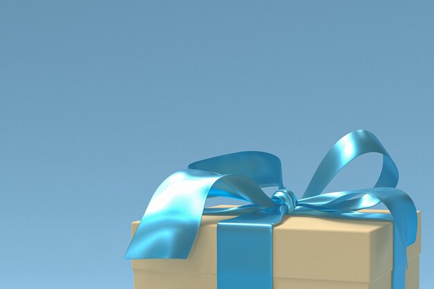 Yellow gift box with blue ribbon and bow isolated