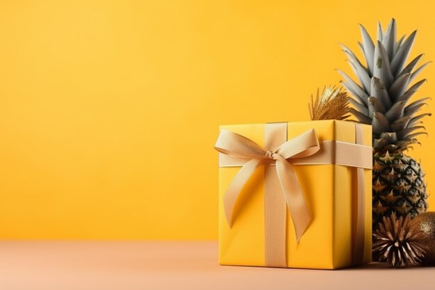 Yellow gift box with a bow and pineapples on a yellow background generative ai