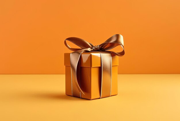 a yellow gift box with golden ribbon on yellow background