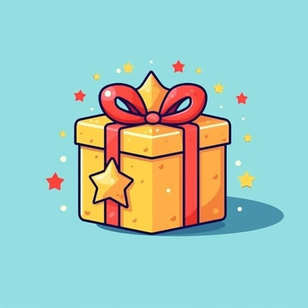 a yellow gift box with a red bow and stars on it generative ai