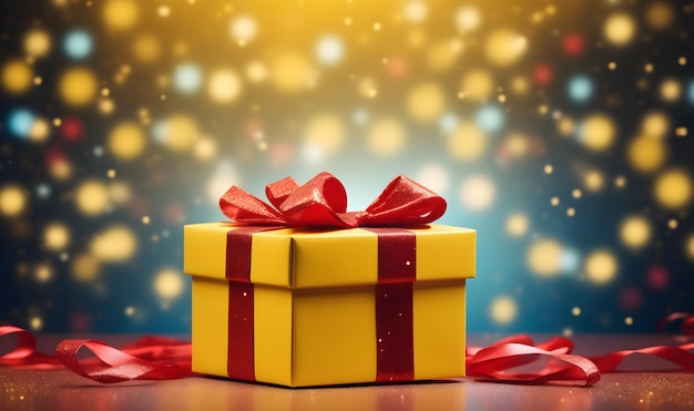 Желтая подарочная коробка с красной лентой Концепция праздника или дня рождения с местом для копирования для вашего дизайна
