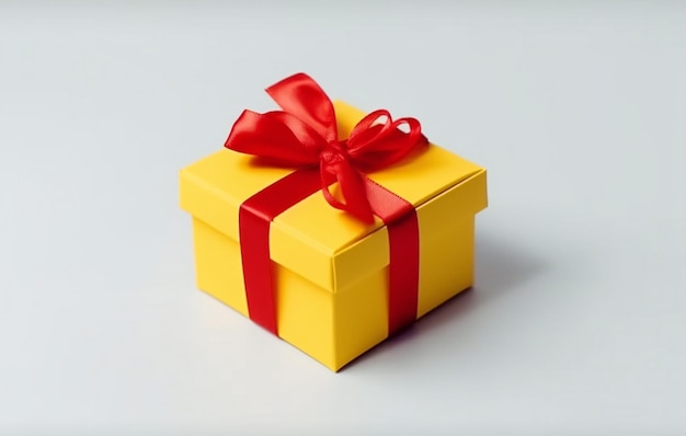 A yellow gift box with a red ribbon on it