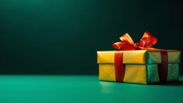 A yellow gift box with a red ribbon on it