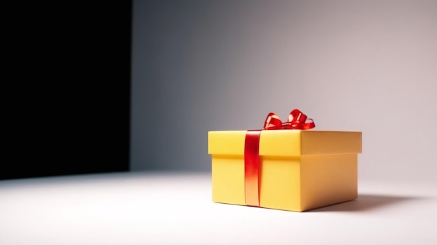 A yellow gift box with a red ribbon on it