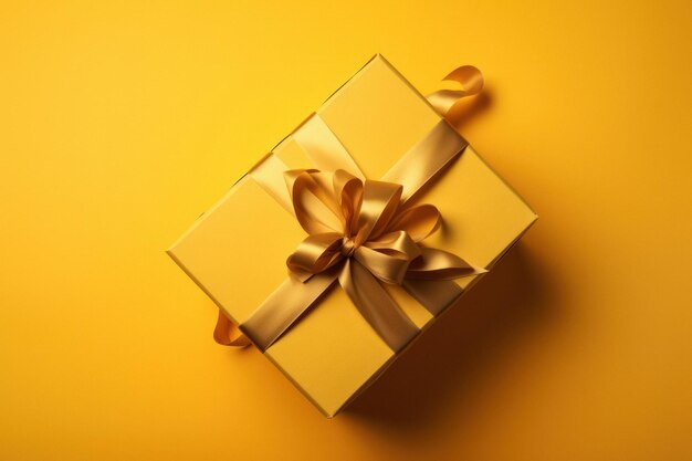 Yellow Gift Box with Ribbon on Yellow Studio Backdrop