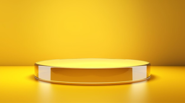黄色のガラスの抽象的なミニマルな製品の表彰台 製品プレゼンテーションのシーン 幾何学的なプラットフォームのステージ台座を備えた 3D ルーム Ai が製品広告用に生成した表彰台のモックアップ