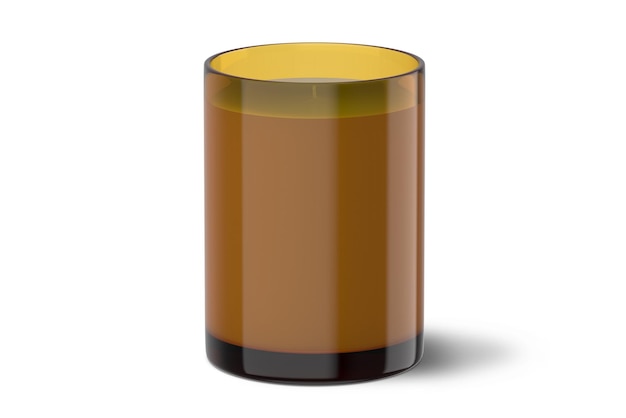 A yellow glass with a brown bottom and a black bottom.