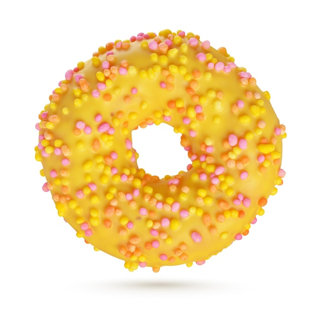 Желтый глазурованный круглый пончик на белом фоне Вид сверху