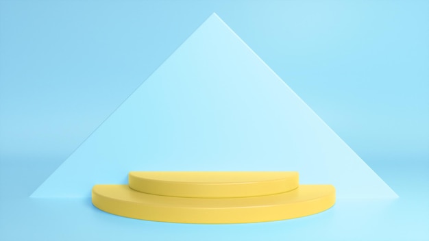 Yellow glossy podium on blue abstract triangular background premium photo