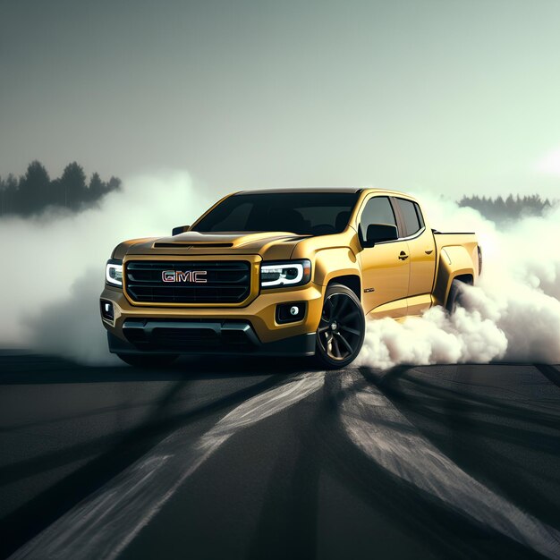 Photo yellow gmc car drifting on road