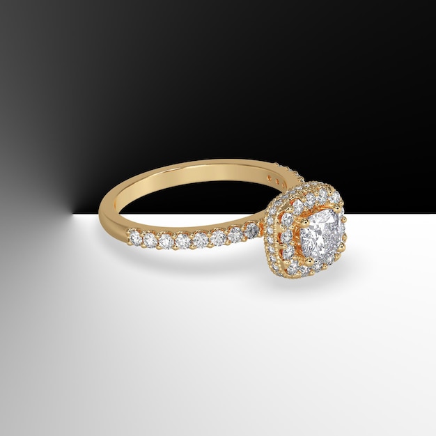 Yellow gold halo engagement ring with cushion cut center stone\
and side stones on shank 3d render