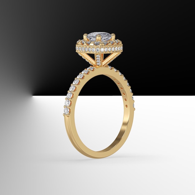 Yellow gold halo engagement ring with cushion cut center stone and side stones on shank 3d render