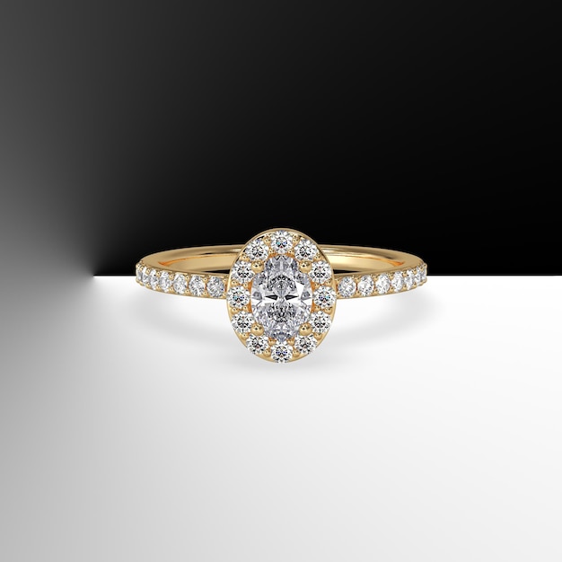 Yellow gold halo engagement ring with oval cut center stone and side stones on shank 3d render