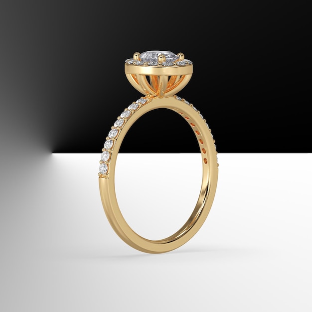 Yellow gold halo engagement ring with oval cut center stone and side stones on shank 3d render