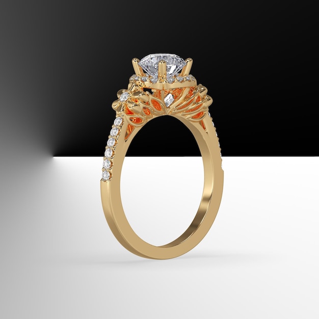 Yellow gold halo engagement ring with round center stone and beautiful filigree work 3d render