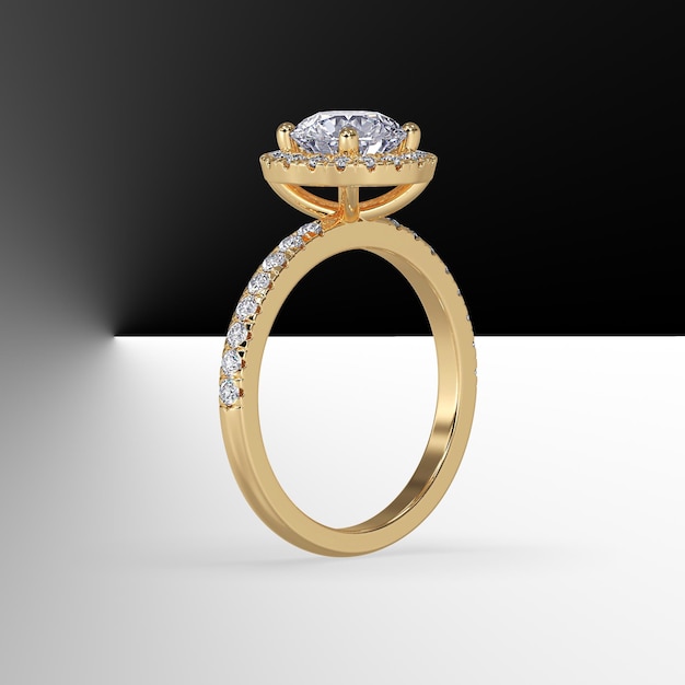 Yellow gold halo engagement ring with round center stone and side stones on shank 3d render