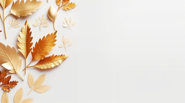 Yellow and golden leaves over white background