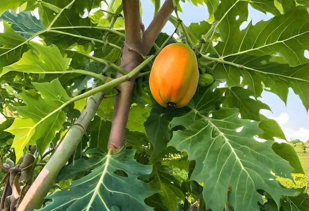Photo a yellow gourd is growing on a tree