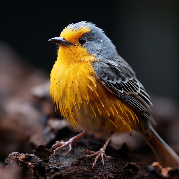 黄色と灰色の鳥が丸太の上に立っている