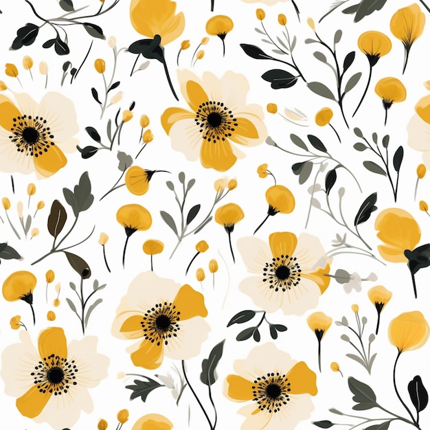 Yellow and gray flowers on a white background generative ai